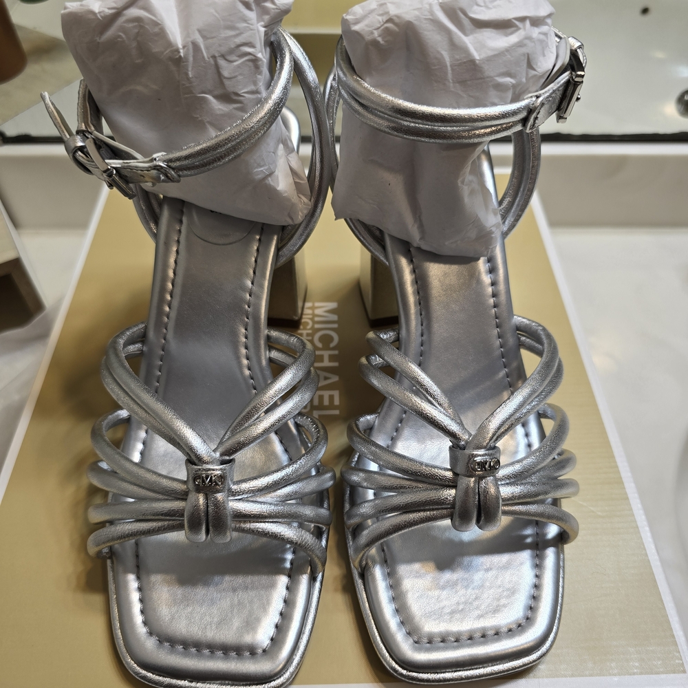 NIB Michael Kors Metallic Silver Strappy Block Heels - Picture 2 of 7